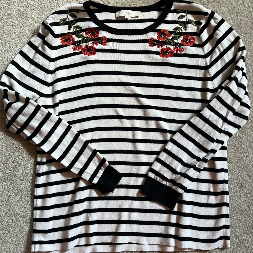 LOFT B&W XL Striped Sweater w/ Floral Embroidery